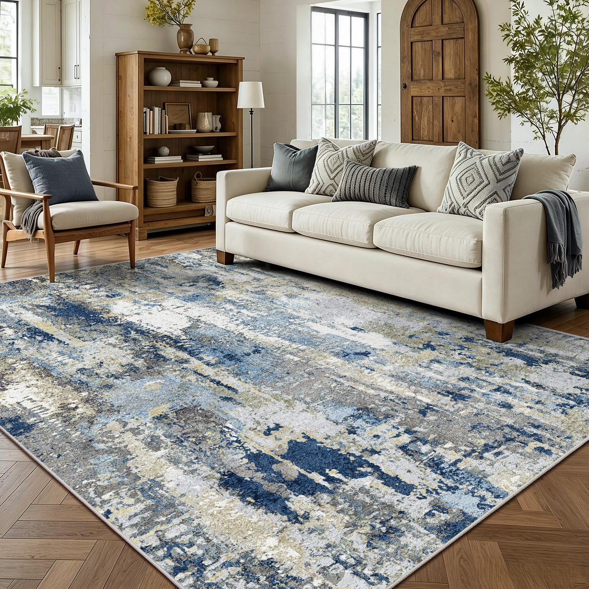8x10 Area Rugs, Abstract Morden Soft Washable Rug, Non-Slip Low Pile Rugs for Living Room, Bedroom, Dining Room, Home, Office(Ocean Blue)