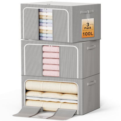 Clothes Storage Bins with Metal Frame, Foldable Clothes Organizers Storage Containers for Clothes, Sheets, Blankets, Pillows and Towels (24L, 3 Pack) Beige