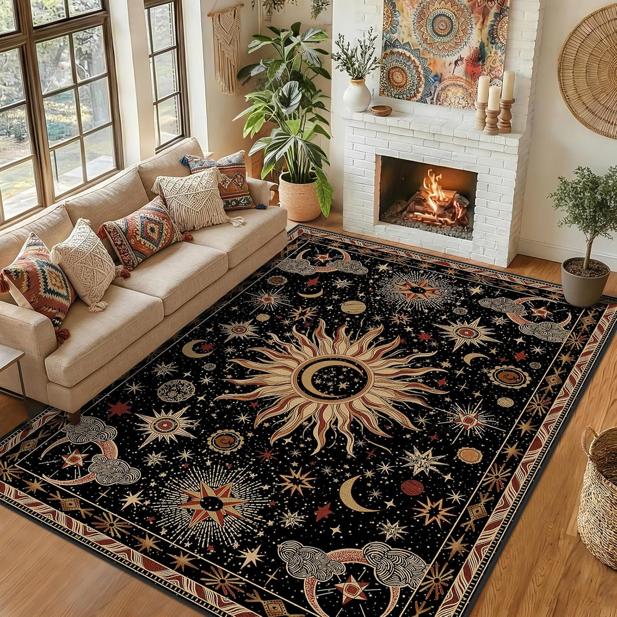 Vacuum-Friendly, 8x10 Washable Area Rug, Black Gold Beige Red