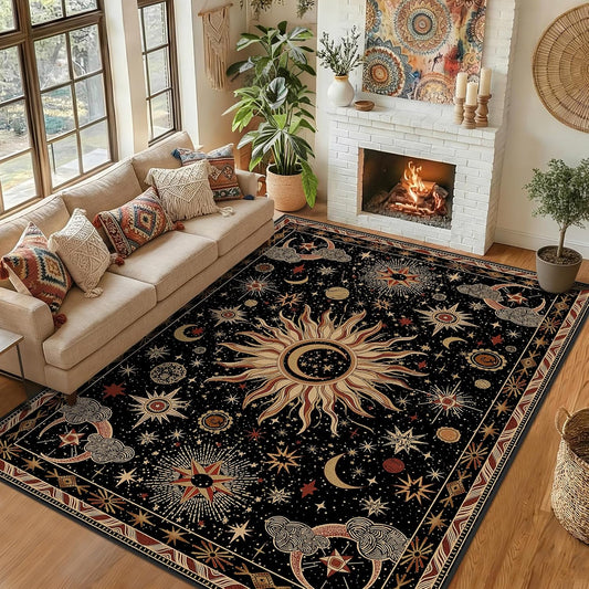 Vacuum-Friendly, 8x10 Washable Area Rug, Black Gold Beige Red