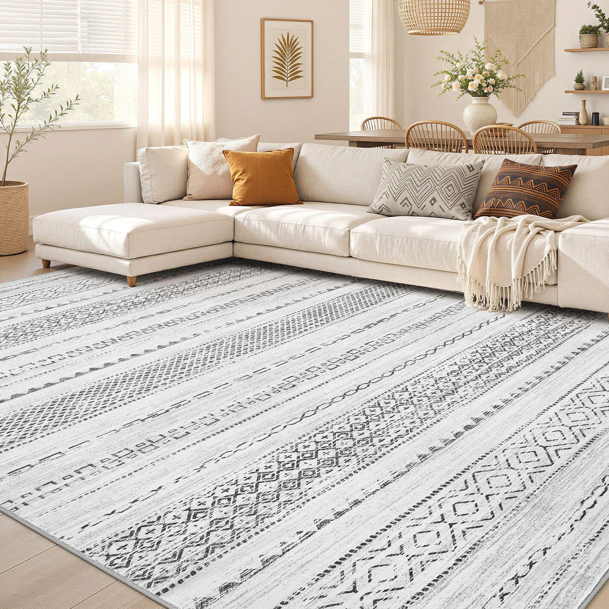 Nakagishi 10X14 Area Rugs for Living Room: Washable Modern Abstract Rug with Non-Slip Silicone Backing Low Pile Soft Carpet for Bedroom & Dining Decor Ideal for Families with Kids and Pets-Brown