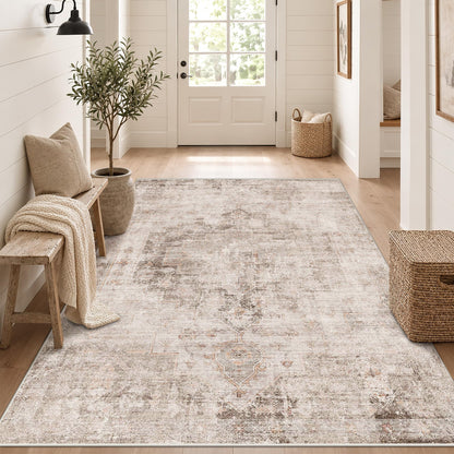 Farmhouse 8x10 Washable Area Rugs for Living Room, Neutral Taupe Brown Abstract Rug for Dining Room and Bedroom, Soft Foldable Low Pile Carpet, Stain Resistant Non-Slip Backing, Distressed Design