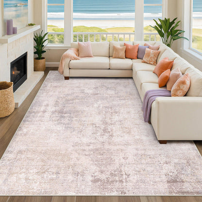 Farmhouse 8x10 Washable Area Rugs for Living Room, Neutral Taupe Brown Abstract Rug for Dining Room and Bedroom, Soft Foldable Low Pile Carpet, Stain Resistant Non-Slip Backing, Distressed Design