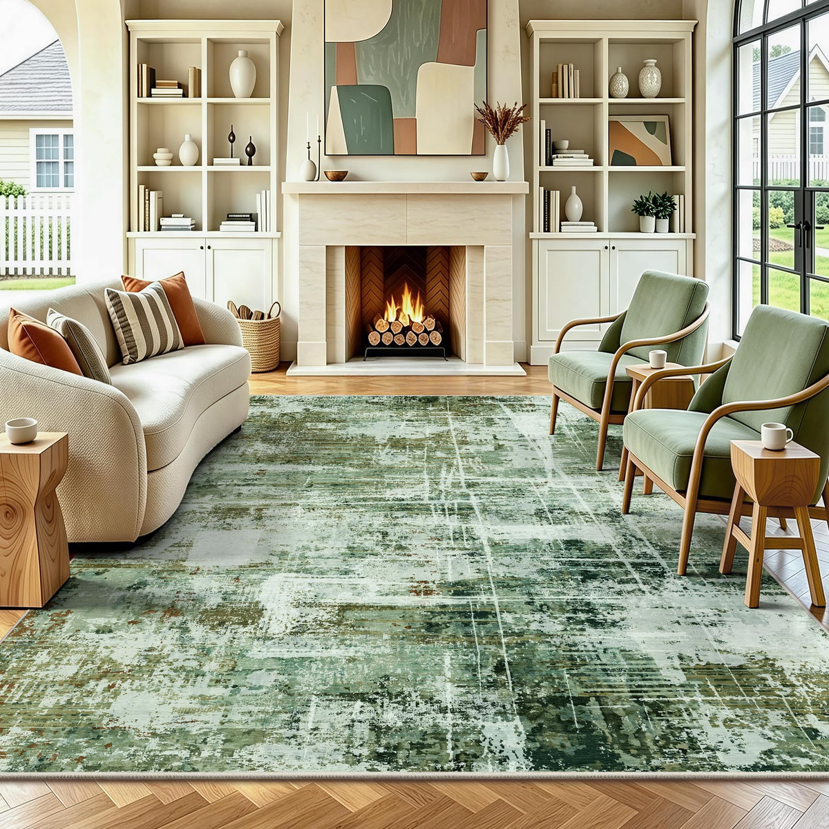 8x10 Area Rugs, Abstract Morden Soft Washable Rug, Non-Slip Low Pile Rugs for Living Room, Bedroom, Dining Room, Home, Office(Ocean Blue)