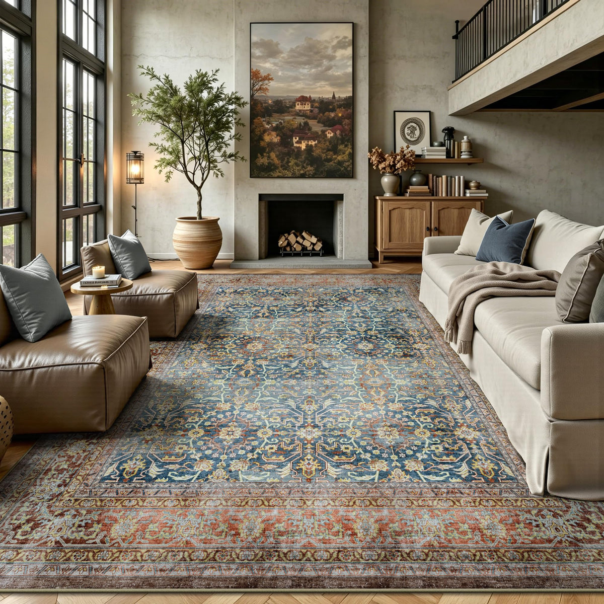 8x10 Area Rugs for Living Room - Washable Vintage Retro Large Rug, Soft Ultra Thin Non Slip Low Pile Traditional Distressed Boho Carpet for Bedroom Dining Room Home Office, Charcoal Olive