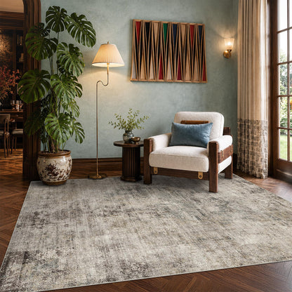 Farmhouse 8x10 Washable Area Rugs for Living Room, Neutral Taupe Brown Abstract Rug for Dining Room and Bedroom, Soft Foldable Low Pile Carpet, Stain Resistant Non-Slip Backing, Distressed Design