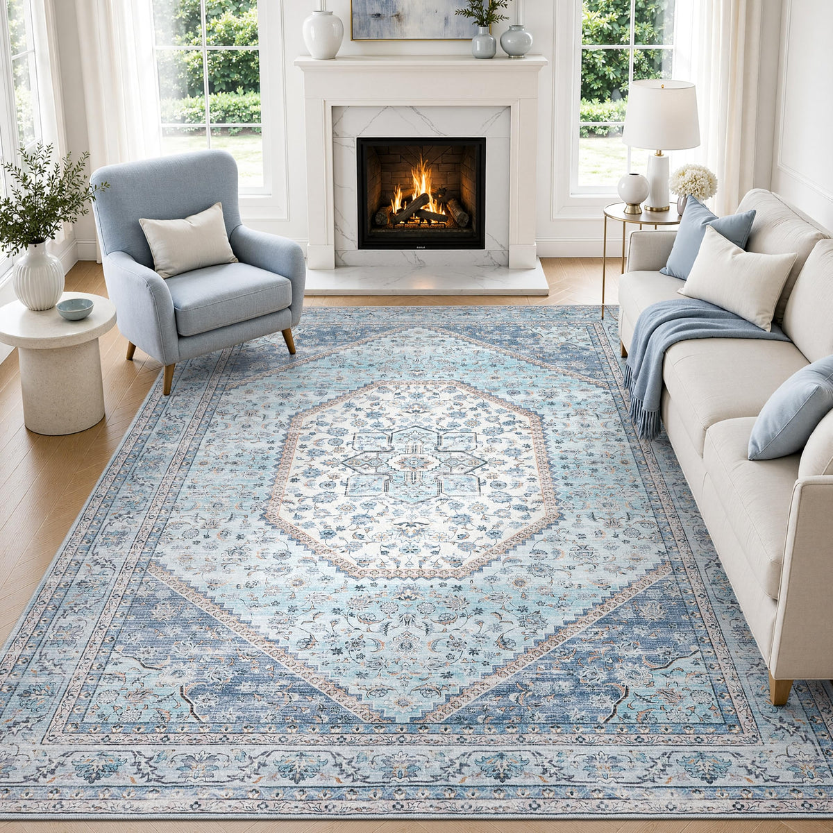 DCX 8x10 Area Rug Living Room: Washable Botanical Carpet Blue and Green