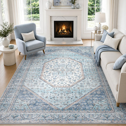 DCX 8x10 Area Rug Living Room: Washable Botanical Carpet Blue and Green