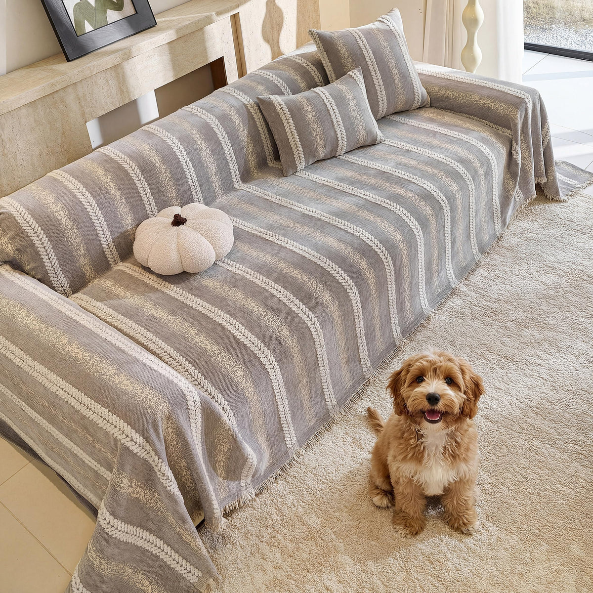 Couch Cover for Dogs Washable Sofa Cover, Sectional Couch Covers, Sofa Covers for 2 Cushion Couch, Non Slip Stripe Sofa Slipcovers Furniture Protector (Beige, 71x102)