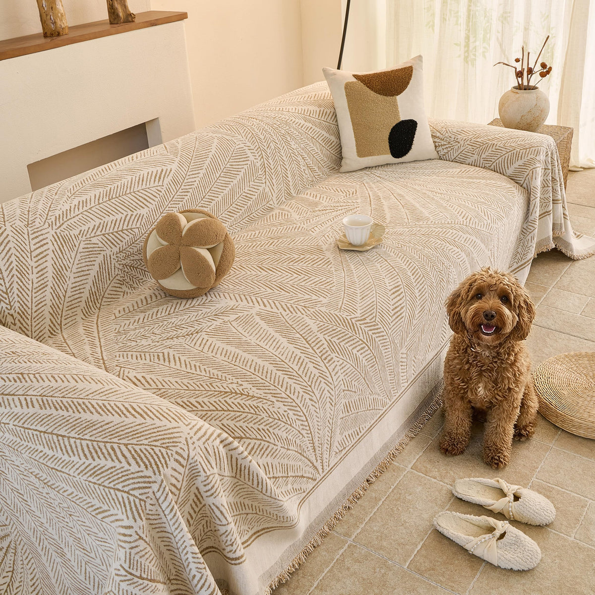 Couch Cover for Dogs Washable Sofa Cover, Sectional Couch Covers, Sofa Covers for 2 Cushion Couch, Non Slip Stripe Sofa Slipcovers Furniture Protector (Beige, 71x102)