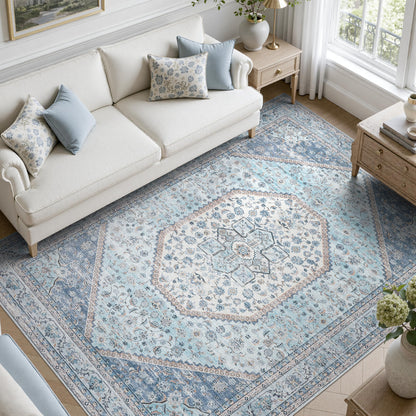 DCX 8x10 Area Rug Living Room: Washable Botanical Carpet Blue and Green